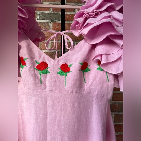 NWOT Fanm Mon Aster Pink Demre Linen Embroidered Maxi Dress Ruffle Sleeve SIZE S - Picture 3 of 9